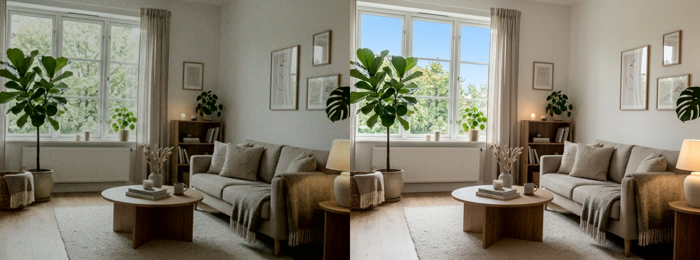 Vorher: dunkles Handyfoto — Nachher: professionell optimiertes Bild